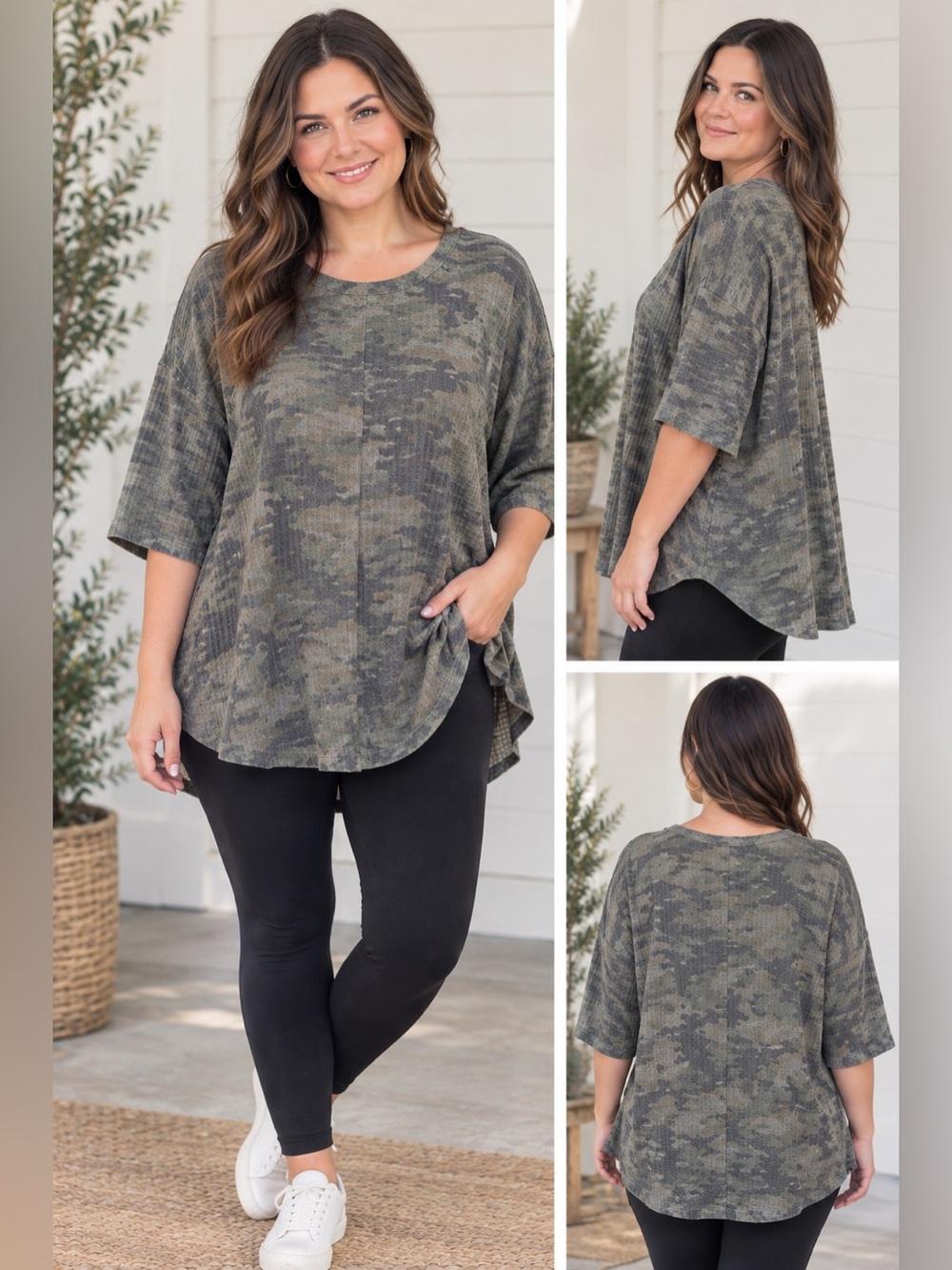 Kim & Cami - Camo Button-Trim Waffle Knit Top - Olive